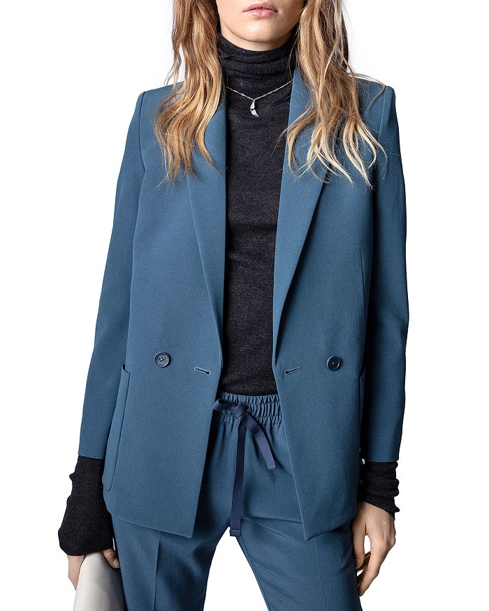 Double-breasted wool crepe blazer, water