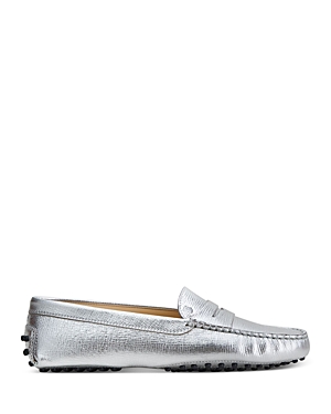 Tod's Women's City Gommino Driving Shoes In Silver Metallic Leather