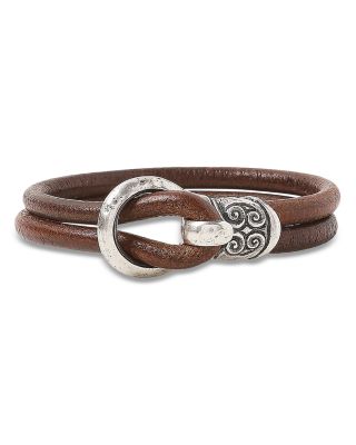 Men's Sterling Silver & Leather Hook Wrap Bracelet