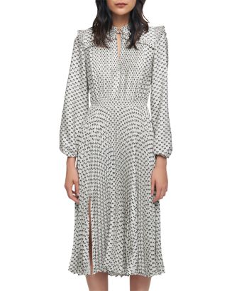 Maje Ripletta Bow Print Pleated Satin Midi Dress | Bloomingdale's