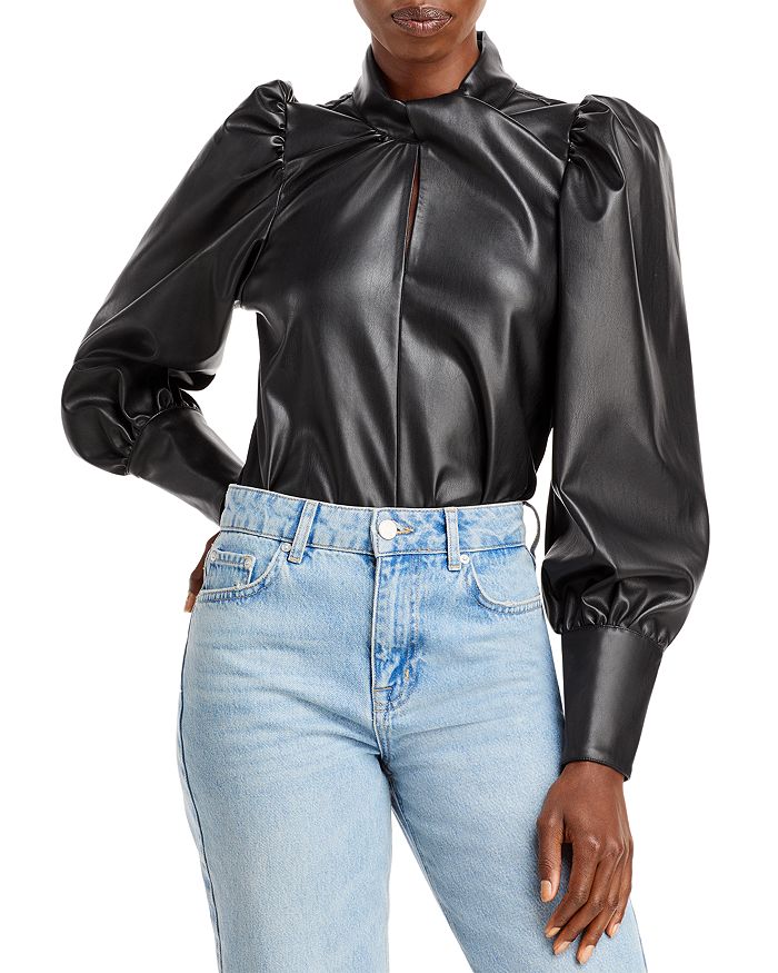 AQUA Faux Leather Puff Sleeve Top - 100% Exclusive