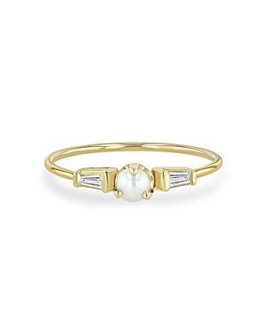 Zoë Chicco 14k Yellow Gold Cultured Freshwater Pearl & Diamond Baguette Stacking Ring In Gold