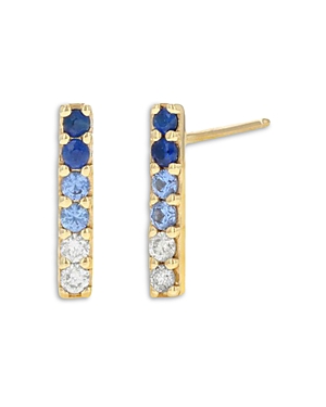 Rachel Reid 14k Yellow Gold Blue Sapphire & Diamond Ombre Vertical Bar Stud Earrings In Blue/gold