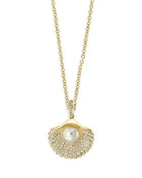 Bloomingdale's - Cultured Freshwater Pearl & Diamond Shell Pendant Necklace in 14K Yellow Gold, 16-18" - 100% Exclusive