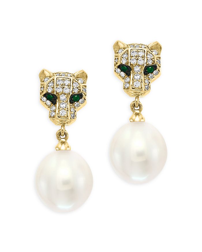 Bloomingdale's - Cultured Freshwater Pearl, Diamond, & Emerald Panther Drop Earrings in 14K Yellow Gold - 100% Exclusive