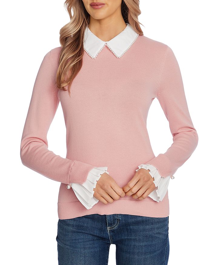 Cece Embellished Collared Sweater In Cameo Blush