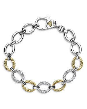 Lagos Stainless Steel & 18k Yellow Gold Caviar Luxe Diamond Link Bracelet In Silver/gold