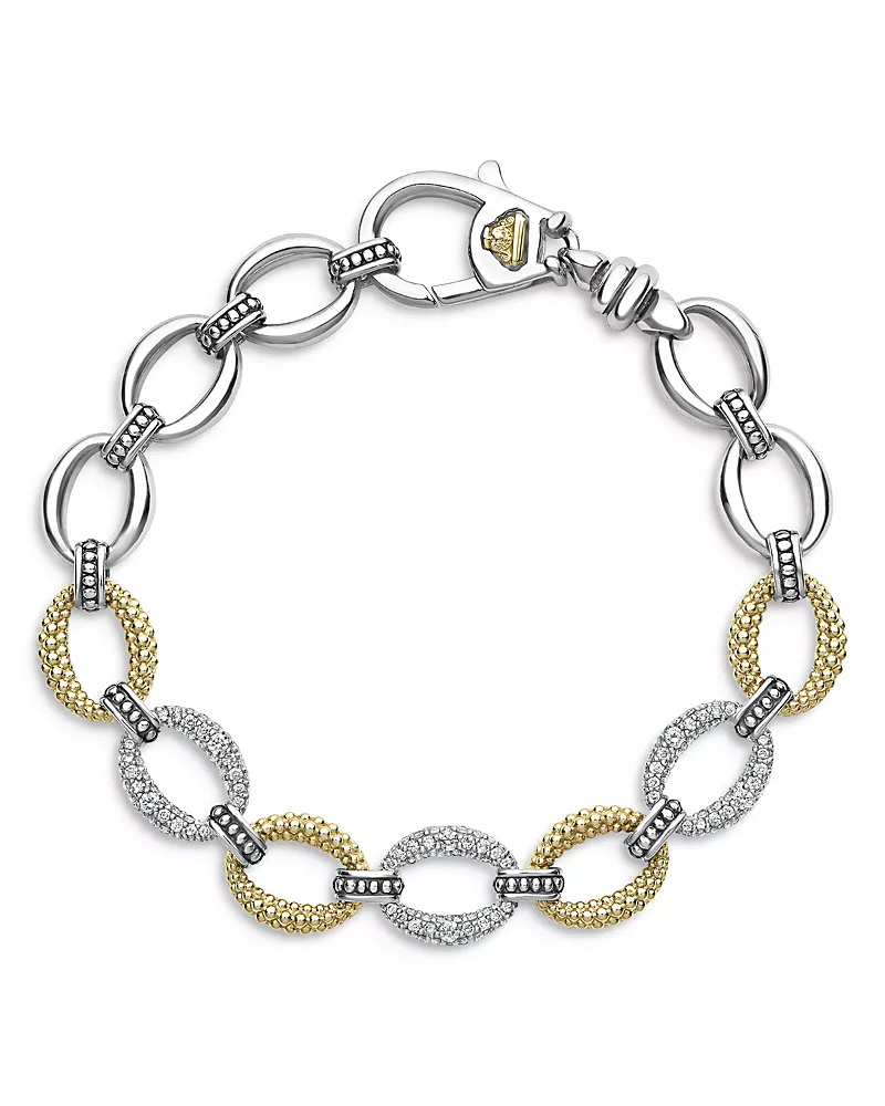 Lagos Stainless Steel & 18K Yellow Gold Caviar Luxe Diamond Link Bracelet