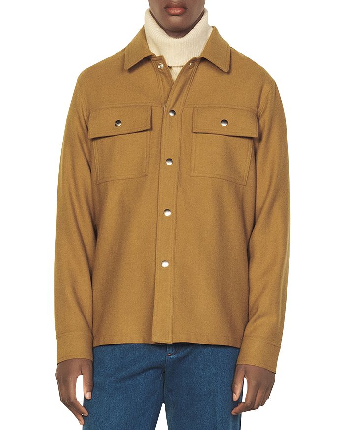 Sandro H21 Wool Blend Solid Regular Fit Button Down Shirt Jacket