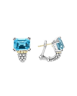 Lagos 18k Yellow Gold & Sterling Silver Glacier Blue Topaz Caviar Beaded Large Half Hoop Earrings In Blue/silver