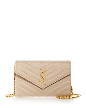 Saint Laurent Envelope Quilted Leather Chain Wallet In Beige/gold