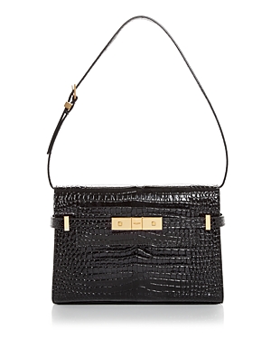 Saint Laurent Manhattan Small Croc-effect Patent-leather Shoulder Bag In Black/gold