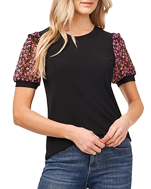 Cece Mixed Media Puff Sleeve Top In Rich Black