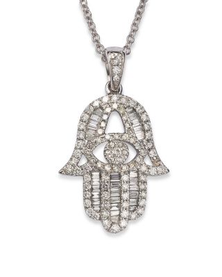 Diamond and Baguette Hamsa Pendant Necklace in 14K White Gold, 0.55 tcw&amp;nbsp;