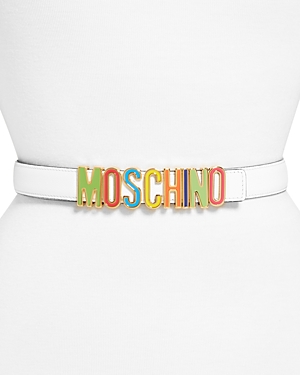 Moschino Women's Rainbow Logo Buckle Leather Belt In White Multi