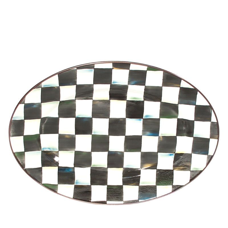 Mackenzie-childs Mackenzie Childs Courtly Check Medium Enameled Steel Oval Platter In Black/white