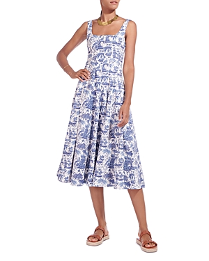 Staud Botanical-print Square-neck Dress In China Blue