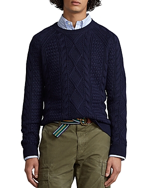 Polo Ralph Lauren Cotton Cable Knit Regular Fit Crewneck Fisherman's Sweater In Hunter Navy