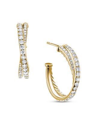 David Yurman 18K Yellow Gold Diamond Pave Crossover Hoop Earrings