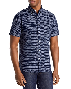 Faherty Playa Regular Fit Print Short Sleeve Button-down Shirt In Midnight Fishscale