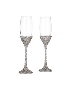 Bride & Groom Wedding Champagne Flutes Bridal Gown and Tuxedo Design With Ribbons 70 Oz Pair 