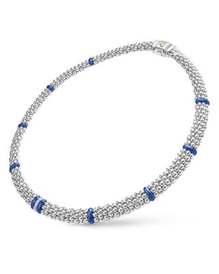 18K Yellow Gold & Sterling Silver Diamond & Blue Ceramic Rondelle & Bead Statement Necklace, 16"