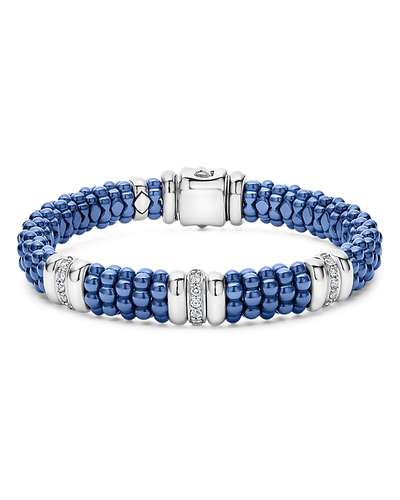 Lagos 18K Yellow Gold & Sterling Silver Diamond Rondelle & Ultramarine Ceramic Caviar Bead Statement Bracelet