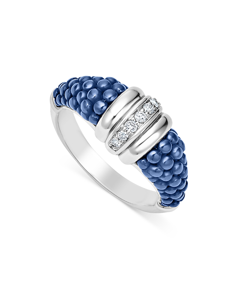 Lagos Sterling Silver White Caviar Ceramic Diamond 1-row Taper Ring In Blue/silver