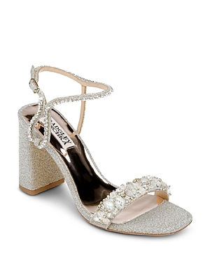 Badgley Mischka Women's Tanisha Embellished Block Heel Sandals In Platinum Textile