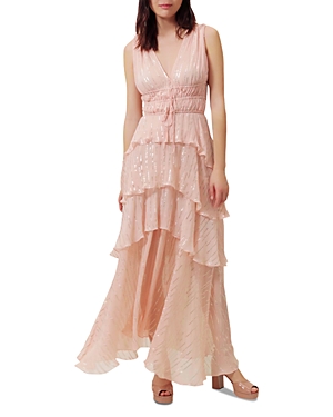 Maje Ruffled Metallic Silk-blend Crepon Midi Dress In Pink