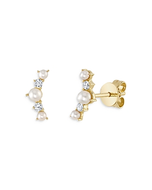 Moon & Meadow 14k Yellow Gold Cultured Pearl & Diamond Curved Bar Stud Earrings - 100% Exclusive In White/gold