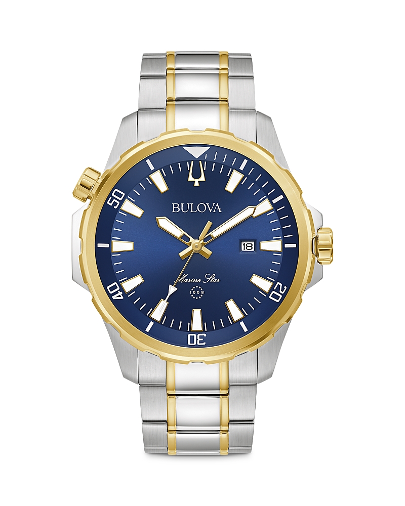 Bulova Marine Star Mens Two Tone Stainless Steel Leather Bracelet Watch 98b384 In Blue/gold