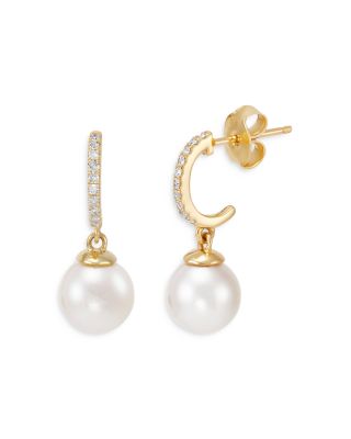 Bloomingdale's Fine Collection - Cultured Freshwater Pearl & Diamond J Hoop Earrings in 14K Yellow Gold - Exclusive