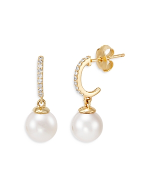 Bloomingdale's Cultured Freshwater Pearl & Diamond J Hoop Earrings In 14k Yellow Gold - 100% Exclusive In White/gold