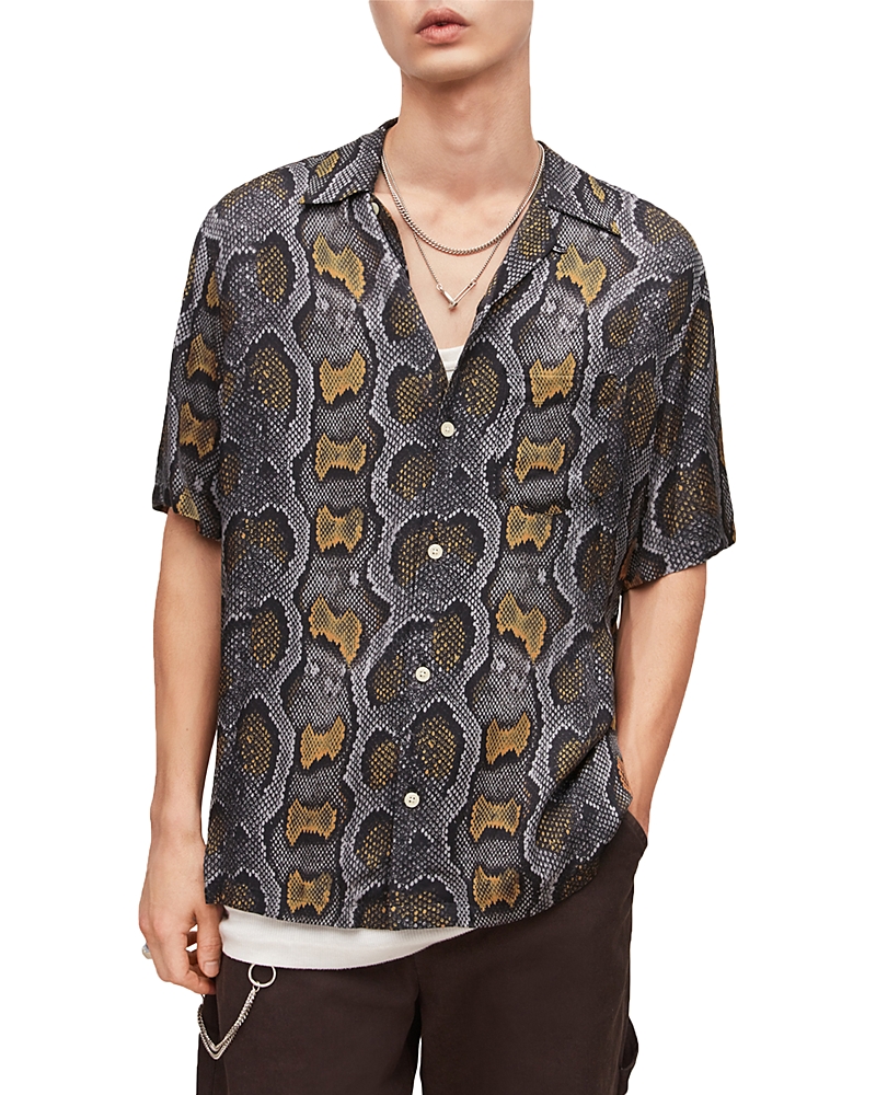Allsaints Copperhead Print Short Sleeve Camp Shirt In Mineral Green