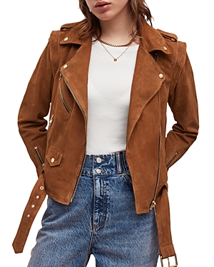 Allsaints Morgan Convertible Suede Biker Jacket In Deep Tan Brown