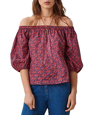 Ba&sh Fustave Off-the-shoulder Floral-print Cotton-poplin Shirt In Pink