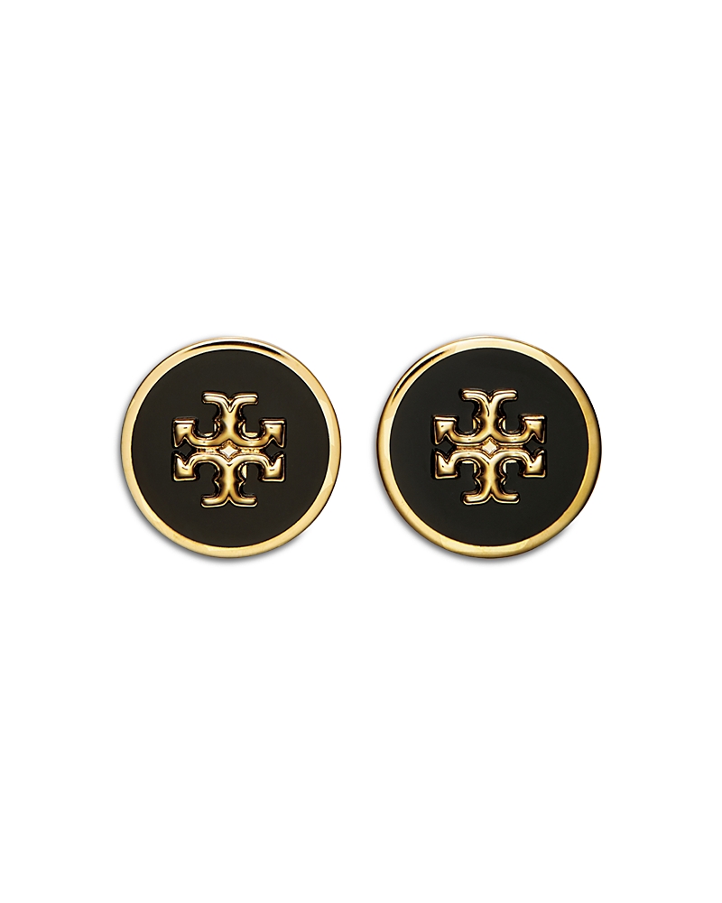 Tory Burch Enamel Circle-stud Earring Gold Finish In Black