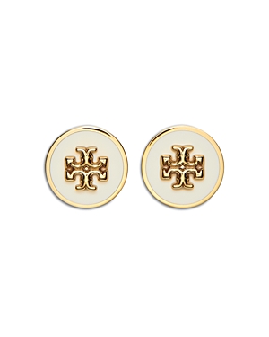 Shop Tory Burch Kira Logo Colored Disc Stud Earrings In Ivory/gold