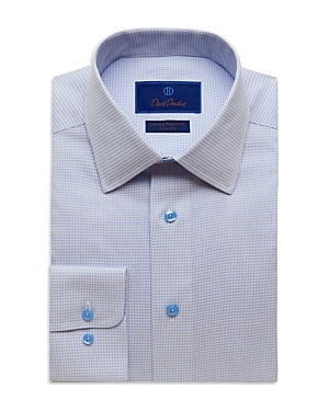 David Donahue Cotton Non Iron Micro Dash Trim Fit Dress Shirt In White/blue
