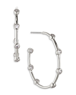Nadri Daylight Cubic Zirconia Studded C Hoop Earrings In Rhodium Plated In Silver