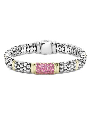 LAGOS - 18K Yellow Gold & Sterling Silver Signature Caviar Pink Sapphire Pav&eacute; Link Bracelets