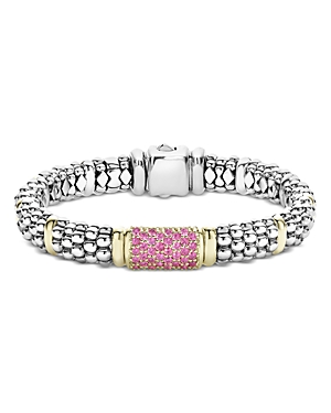 Shop Lagos 18k Yellow Gold & Sterling Silver Signature Caviar Pink Sapphire Pave Link Bracelet In Pink/silver