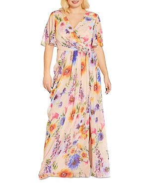 Adrianna Papell Plus Floral Flutter Sleeve Gown In Praline Multi