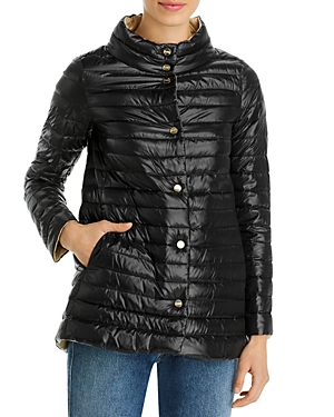 Herno Reversible A-line Shiny Down Coat In Black Champagne