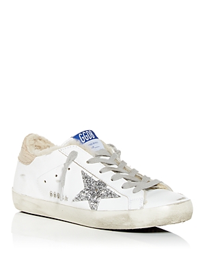 Shop Golden Goose Women's Super-star Shearling Low Top Sneakers In White/silver