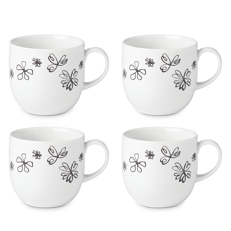 Kate Spade Garden Doodle 4 Piece Mugs Set In White/black