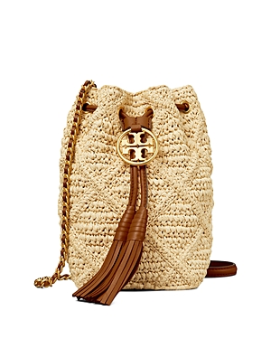 Tory Burch Fleming Soft Straw Crochet Mini Bucket Bag In Natural/rolled ...