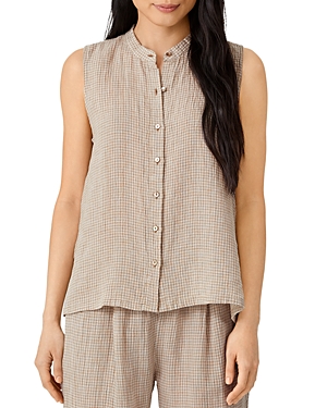 Eileen Fisher Gingham Organic Linen Sleeveless Shirt In Peble