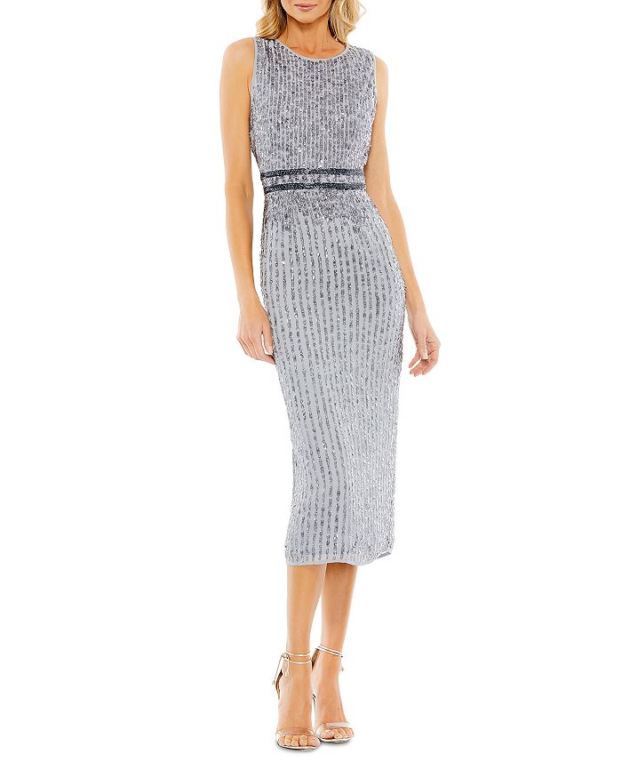 Mac Duggal Sequined Sleeveless Midi Sheath Dress In Platinum
